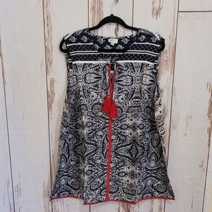 Avenue Sleeveless Navy & White Top w/ Red Tassel